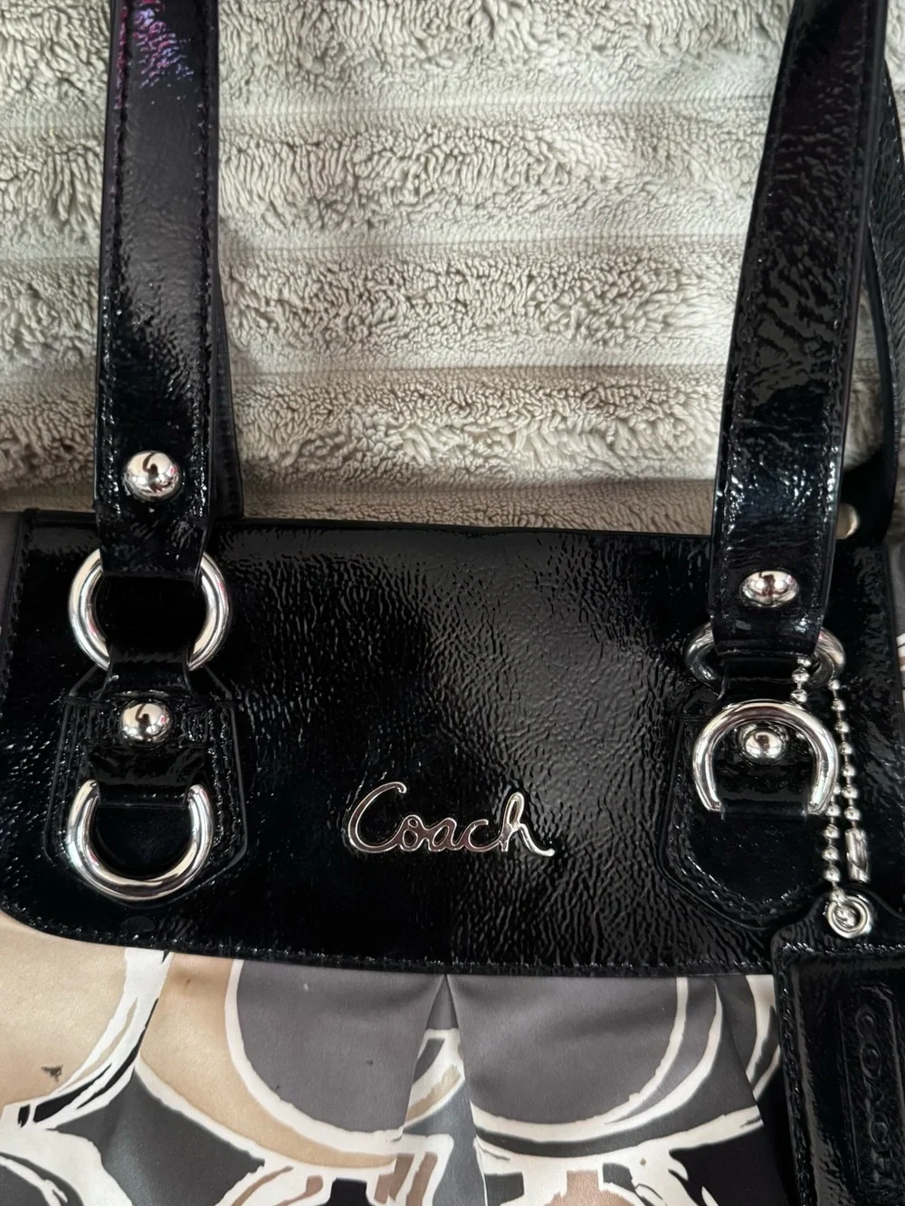 Coach Beige, Black & Cream Signature Circle Tote with Patent Trim